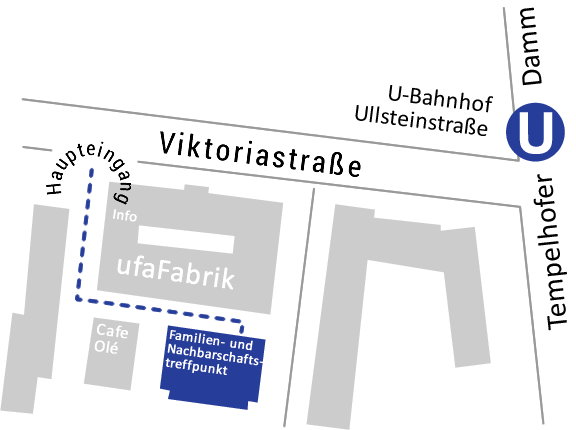 Lageplan des Geländes ufaFabrik mit Weg zum Familien- und Nachbarschaftstreffpunkt